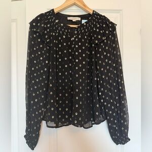 LOFT Black and White Ruffled Bib Collar Blouse